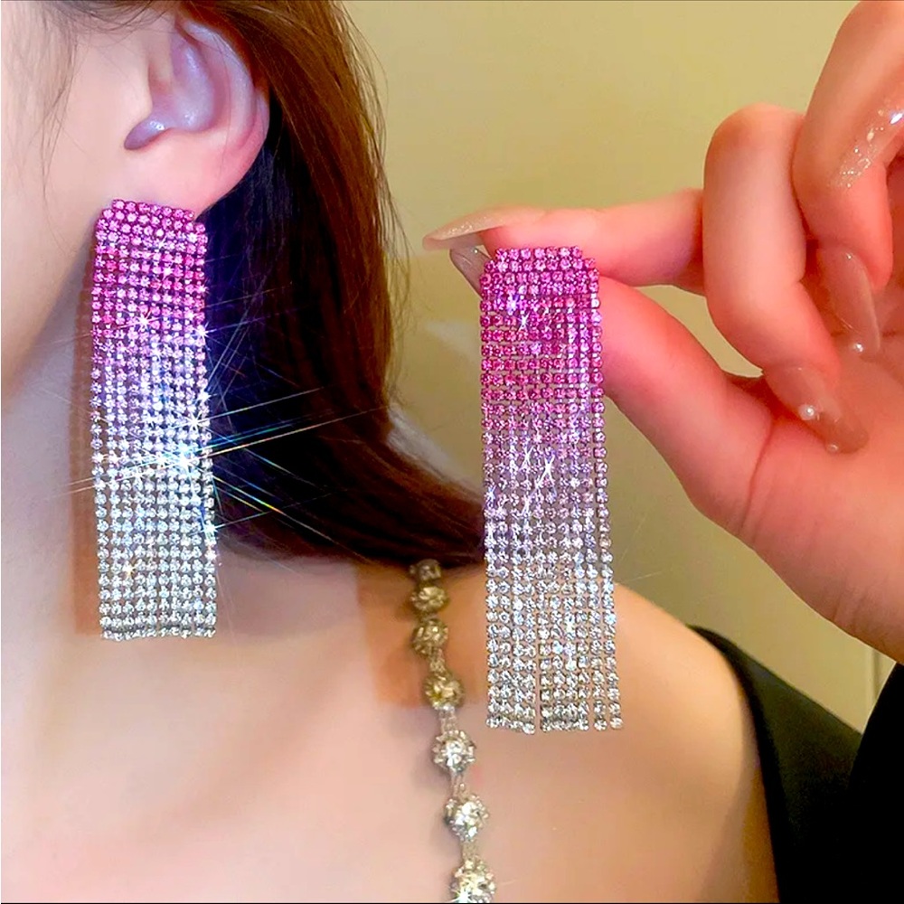Glamorous Pink Rhinestone Long Earrings - Picture 3 of 3